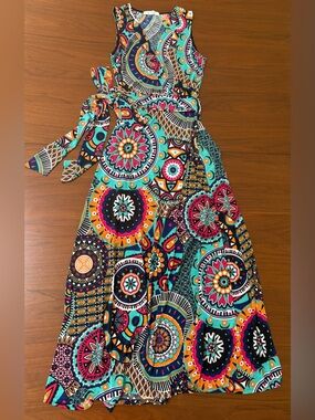 Sleeveless Turquoise Multi-Print Maxi Dress with Tie Waist
